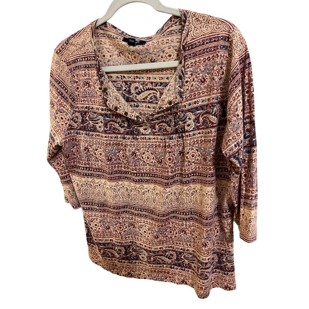 Chaps Women's 1X Paisley Boho Peasant Blouse Tie Neck 3/4 Sleeve Plus Size - Picture 1 of 10